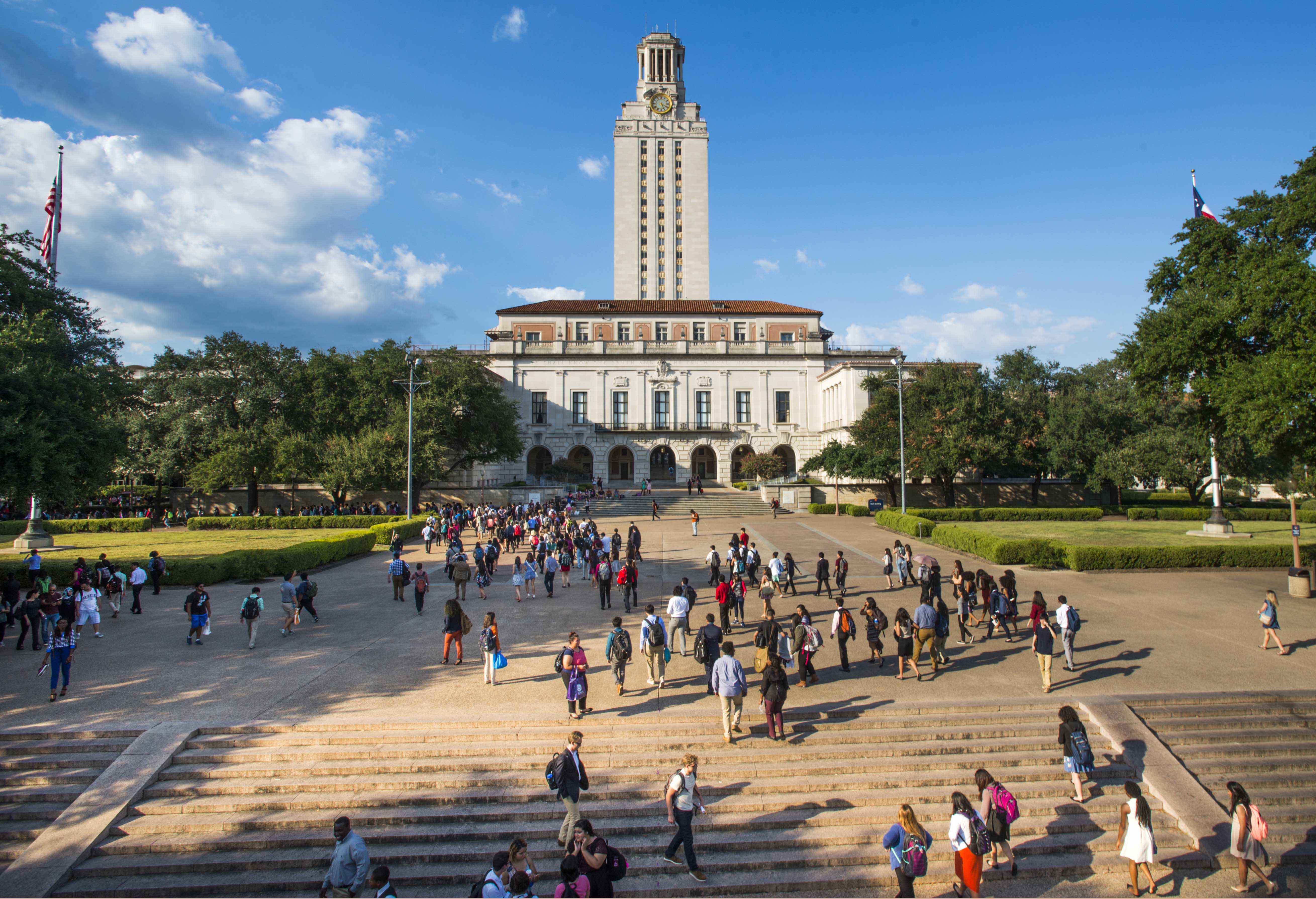 Tower with students on the Main Mall